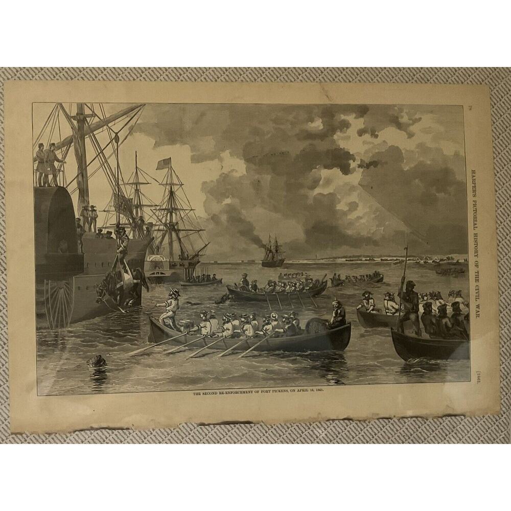 Antique Engraving Civil War 1861 Second Re-Enforcement Harper’s Military 1800s